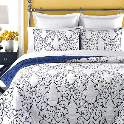 Mixinni Reversible Quilt 3-Piece Blue Embroidery Pattern Elegant Quilt Set with Embroidered Decorative Shams Soft Bedspreads & Coverlet Set - Full/Queen