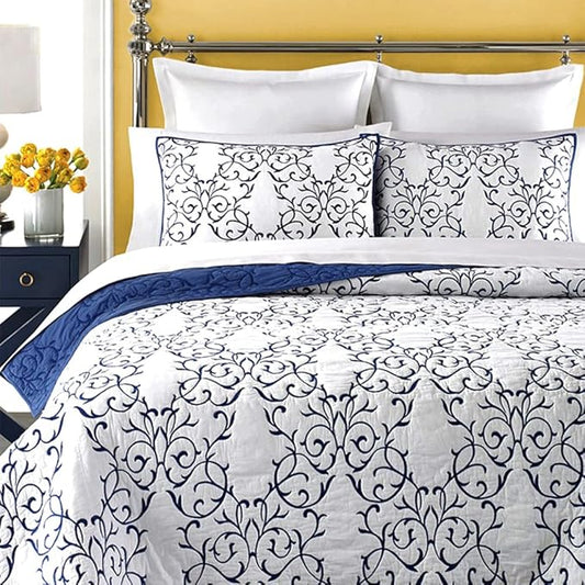 Mixinni Reversible Quilt 3-Piece Blue Embroidery Pattern Elegant Quilt Set with Embroidered Decorative Shams Soft Bedspreads & Coverlet Set - Full/Queen