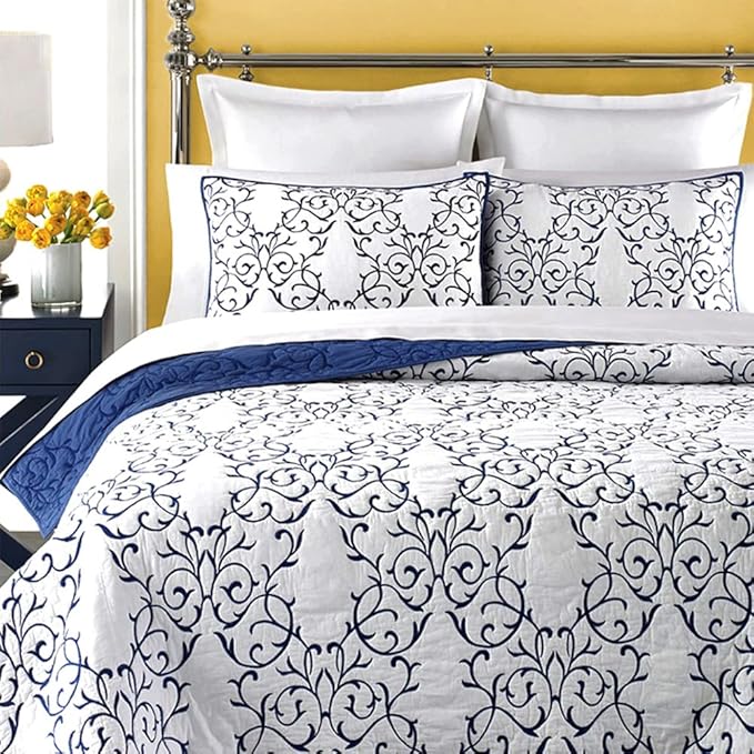 mixinni Reversible King Quilt 3-Piece Blue Embroidery Pattern Elegant Quilt Set with Embroidered Decorative Shams Soft Cotton King Size Bedspread&Coverlet Set-King, Blue