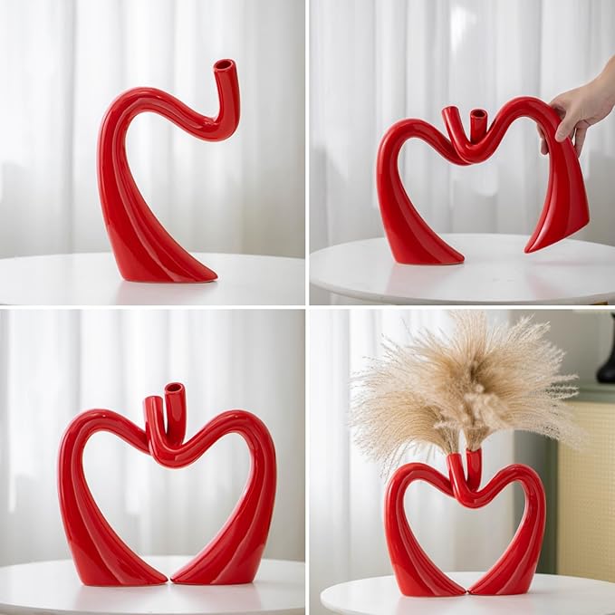 Red Hollow Ceramic Vases for Home Decor, Love Heart Snuggle Vase Set of 2, Modern Nordic Aesthetic Decorative Vase for Table Centerpiece Wedding Decoration (W 11.8" X H 9.8")