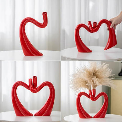 Red Hollow Ceramic Vases for Home Decor, Love Heart Snuggle Vase Set of 2, Modern Nordic Aesthetic Decorative Vase for Table Centerpiece Wedding Decoration (W 11.8" X H 9.8")