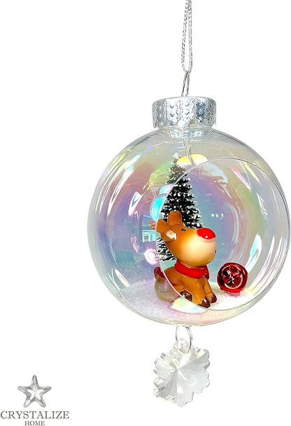 Rudolph Christmas Ornament - Handmade Shatterproof Decorations for Indoor Outdoor Xmas Tree - Clear Ball Ornaments with Magnetic Crystal - Great Gift or Stocking Stuffer for Mom, Sister, Friend