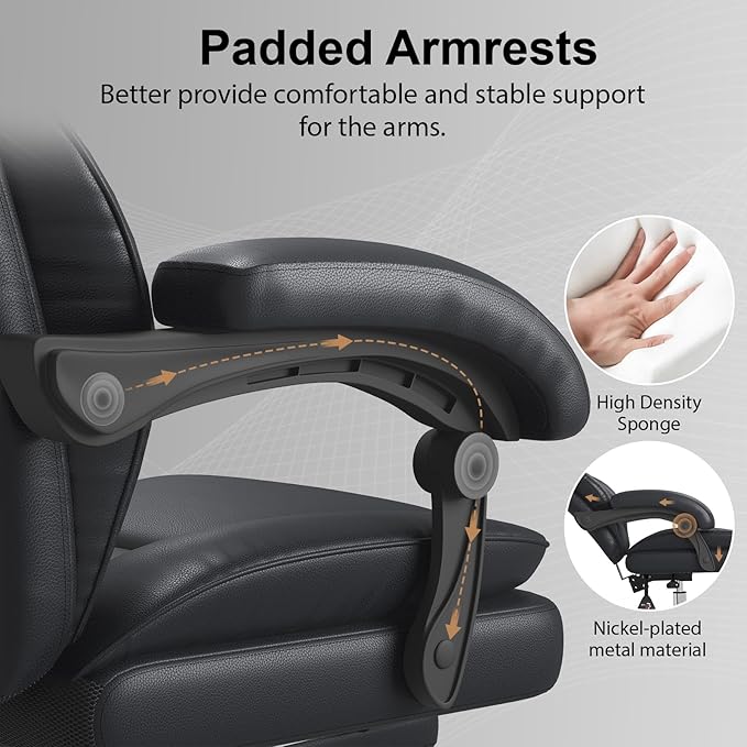 Big and Tall Office Chair, Ergonomic Leather High Back Executive Computer Chair with Retractable Footrest, Adjustable Headrest, Padded Arms, 360°Swivel Free, 90-135°Reclining, 500lbs Wide Seat, Black