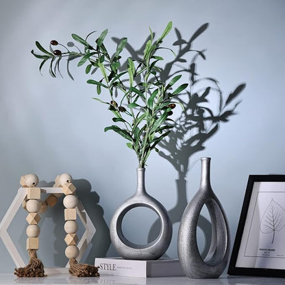 Vintage Silver Ceramic Vase Set 2,Modern Hollow Circle with Hole Flower Vase for Home Decor,for Table Centerpieces,Farmhouse,Fire Place,Living Room,Bedroom,Office,Bookshelf,Rustic Decor