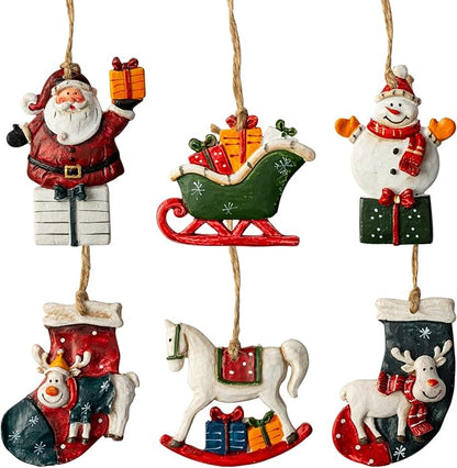 Resin Christmas Tree Ornaments 6-Pack Xmas Hanging Ornaments Santa Snowman Christmas Stocking Sleigh Ornaments for Holiday Decorations, Outdoor Holiday Home Decorations