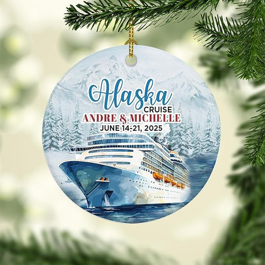 Personalized Alaska Cruise Ornaments - Custom Text and Date Family Cruise Keepsakes for Christmas Tree