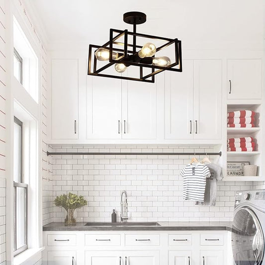 Black Ceiling Light Fixtures - 4-Light Industrial Farmhouse Flush Mount Ceiling Lighting,Vintage Metal Chandelier Ceiling Lamp for Kitchen Living Room Bedroom Hallway Laundry Entryway