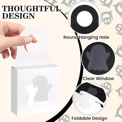 Megitzuu 30PCS Wine Bottle Box with Window, Kraft Paper Wine Boxes for Halloween Gifts Hanging Pumpkin Treat Box Mini Charcuterie Boxes Wine Bottles Gift Bags Goodies Candy Box Party Favor (Ghost)