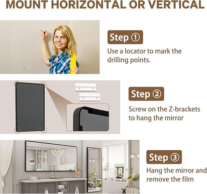 New Upgrade 72X36 Inch Wall Mounted Bathroom Mirror, Black Metal Frame Rounded Rectangle Mirror, Bathroom Vanity Mirror with Tempered Glass for Washroom Bedroom Living Room