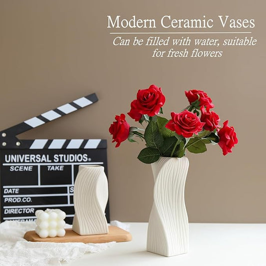 White Ceramic Vase Set of 2 for Modern Home Decor, Geometric Ribbed Fluted Textured Vases Pampas Grass Neutral Nordic Boho Minimalist Flower Vase for Living Room Bedroom Wedding Dining Table Office