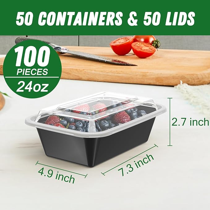 50 Pack (100-Piece) 24 oz Meal Prep Containers Reusable with Lids, Sturdy Leakproof & Food Safe, Microwave, Freezer, Dishwasher Safe Food Prep Containers, To Go Take Out Plastic Food Storage