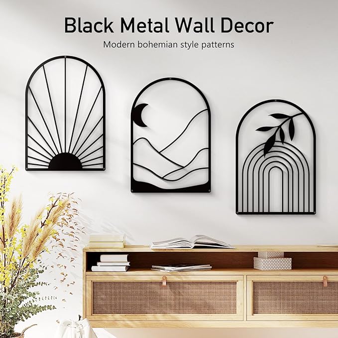 Sokurdeg Boho Metal Wall Decor Black Minimalist Line Wall Art Bohemian Wall Hanging for Bedroom Bathroom Living Room (3 Pack, 12 x 17 in)