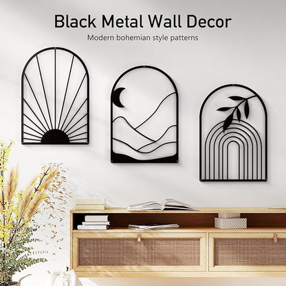 Sokurdeg Boho Metal Wall Decor Black Minimalist Line Wall Art Bohemian Wall Hanging for Bedroom Bathroom Living Room (3 Pack, 12 x 17 in)