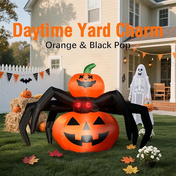 GARIG 6FT Halloween Inflatables Outdoor Decorations Pumpkin Spider Build-in LEDs Lights Blow Up Yard Decorations for Garden Lawn Indoor Party Holiday Decor