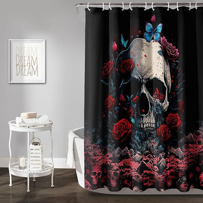 AILONEN 3D Skull Shower Curtain,Oil Ren Rose with Ruins Skull Skeleton Design Shower Curtain Set for Boys Girls Teens,Gothic Skull Waterproof Fabric Shower Curtain for Bathroom,60" W*72" H