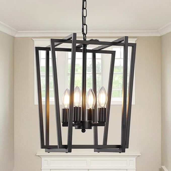 4-Light Black Chandelier, Farmhouse Lantern Pendant Light Lighting Fixtures, Industrial Ceiling Light, Adjustable Height Rustic Geometric Hanging Chandelier for Kitchen Island,Entryway,Foyer,E12 Base