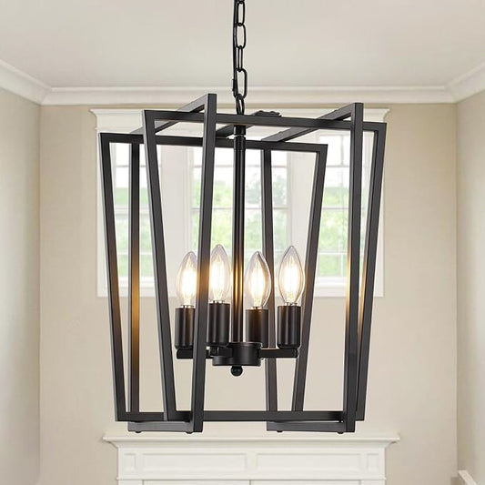 4-Light Black Chandelier, Farmhouse Lantern Pendant Light Lighting Fixtures, Industrial Ceiling Light, Adjustable Height Rustic Geometric Hanging Chandelier for Kitchen Island,Entryway,Foyer,E12 Base