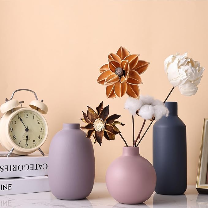 Small Ceramic Modern Farmhouse Vase,Purple Pink Blue Vase,Minimalist Vases Home Decor,Organic Modern Home Decor for Table,Living Room,Bookshelf,Entryway Drinking Fireplace Décor,Set of 3 (A)
