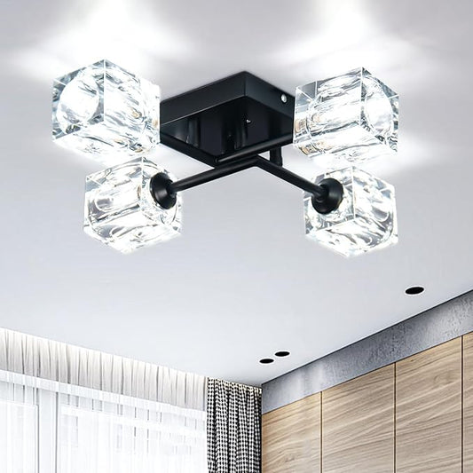 Vintage Sputnik 4-Light Chandelier - Matte Black Semi Flush Mount Modern Ceiling Light for Kitchen, Bedroom, Living Room, Hallway (Square Crystal Shade)
