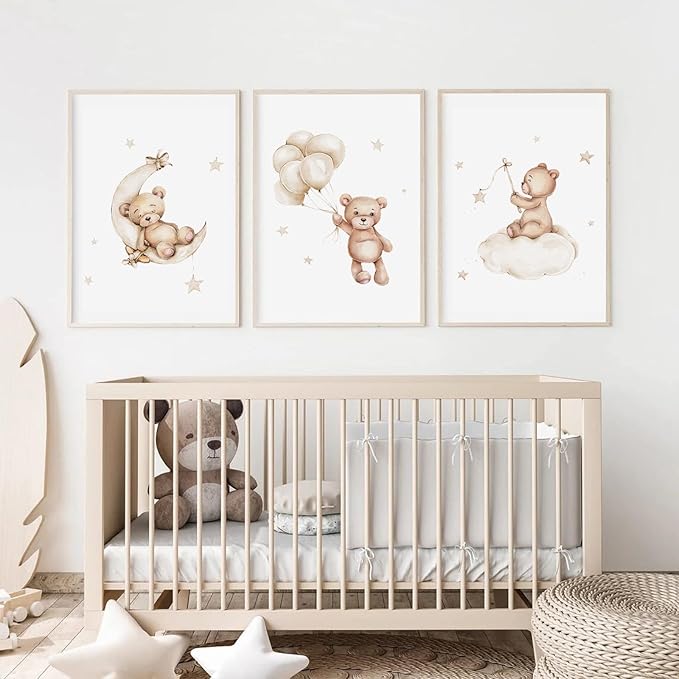 Bear Nursery Wall Art Decor Set of 3 Teddy Bear Canvas Wall Art Baby Boy Nursery Decor Prints Neutral Pictures Moon Star Cloud Print for Girls Children Room 16x24 Inch Unframed