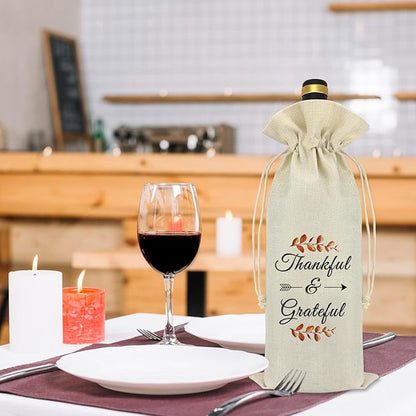Thankful Grateful Wine Bag Thanksgiving Fall Theme Gift Thank You Gift for Friends Coworker Dad Mom Grandparents Autumn Holiday Halloween Christmas Birthday Gift for Women Men Reusable Wine Bottle Bag