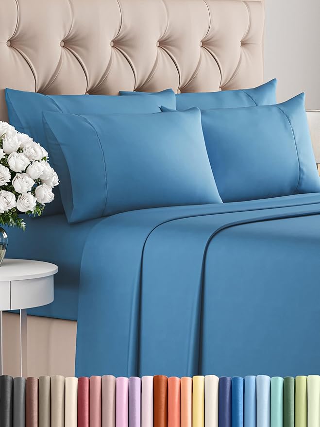 CGK Linens Full 6 Piece Sheet Set - Cooling Sheets for Hot Sleepers - Hotel Luxury Bedding Set w/ 8-16 Inch Deep Pockets - 1 Flat & 1 Fitted & 4 Pillowcases - Soft, Comfy & Wrinkle Free - Denim Blue