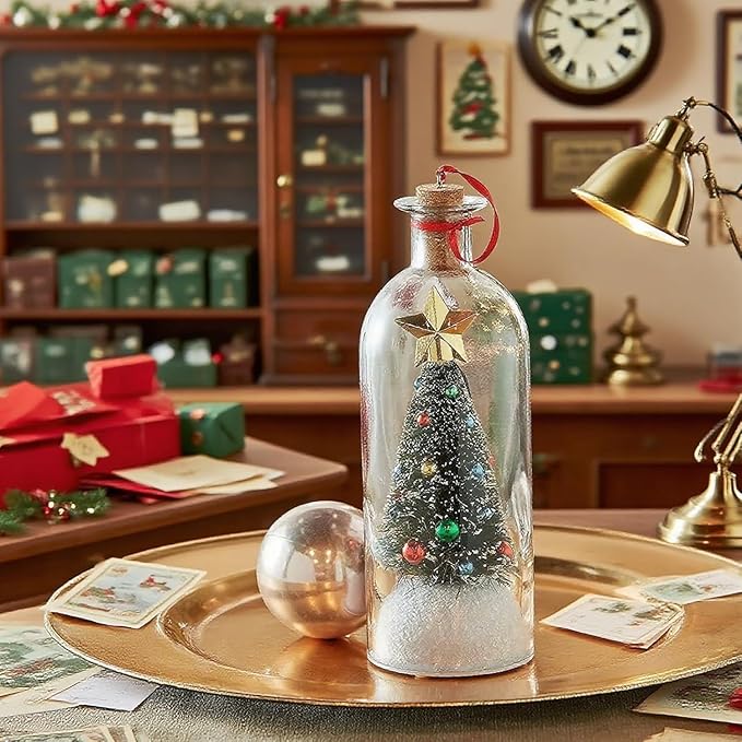 Christmas Tree Message in a Bottle,Recordable Christmas Tree Voice Message Bottle Ornament,with Playback Cork,Snowy Scene in Vintage Bottle,Unique Christmas Festive Gift (1)