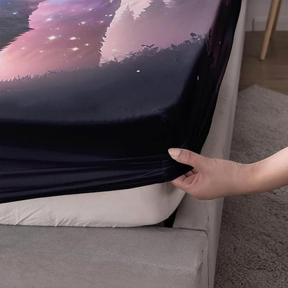 AILONEN Bear Fitted Sheet Set Twin Size, Evening Starry Sky Forest Bear Bed Sheet Set Decor,Animal Bear Wildlife Fitted Sheet and 2 Pillowcases,3 Pieces