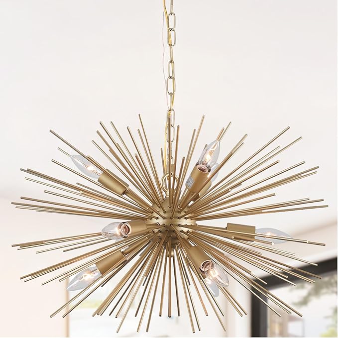 24" Modern Golden Sputnik Chandelier Vintage 9-Lights Geometric Starburst Chandelier Light Fixture Gold Solid Metal Sputnik Chandeliers for Dining Room, Kitchen, Bedroom, Living Room, E12