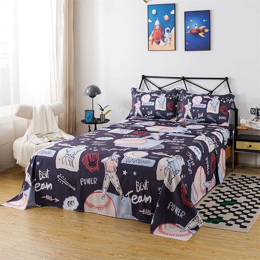 qjmiaofang Baseball Bed Sheet Set for Kids Boys Sports Sheets Set Queen Size Baseball Fitted Sheet 4Pieces Sport Theme Baseball Flat Sheet Set Including 1 Fitted Sheet 1 Flat Sheet and 2 Pillowcases