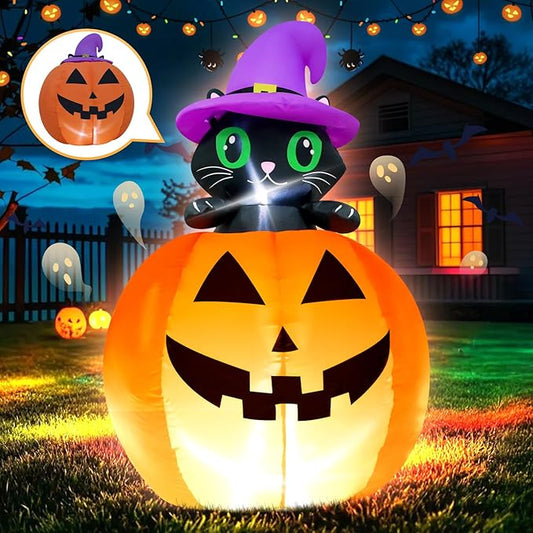 4FT Halloween Inflatable Decor Lifting Cat Pumpkins with LED Lights Indoor Outdoor Blow Up Decoration Halloween Party Holiday Decoration