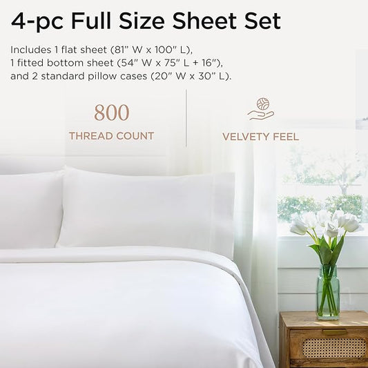 Threadmill Luxury 800 Thread Count Full Size 100% Cotton Sheets - Hotel White Sateen Weave Bed-Sheets, Better Than Egyptian Cotton, 4 Pc Solid Bed Set, Fits 16" Deep Pocket