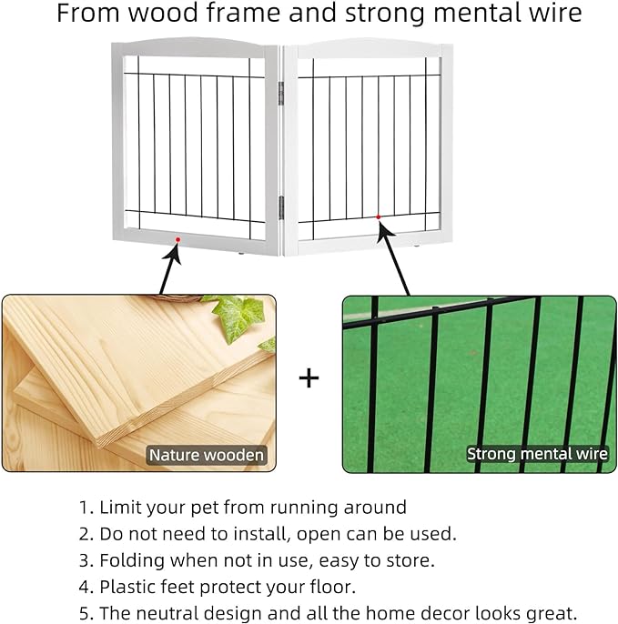ZJSF Freestanding Foldable Extra Wide Wooden White Indoor Puppy Gate - 2 Panels Tall Dog Fence