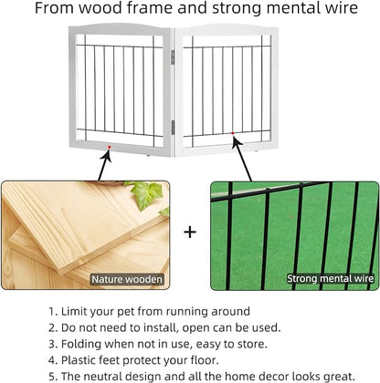 ZJSF Freestanding Foldable Extra Wide Wooden White Indoor Puppy Gate - 2 Panels Tall Dog Fence