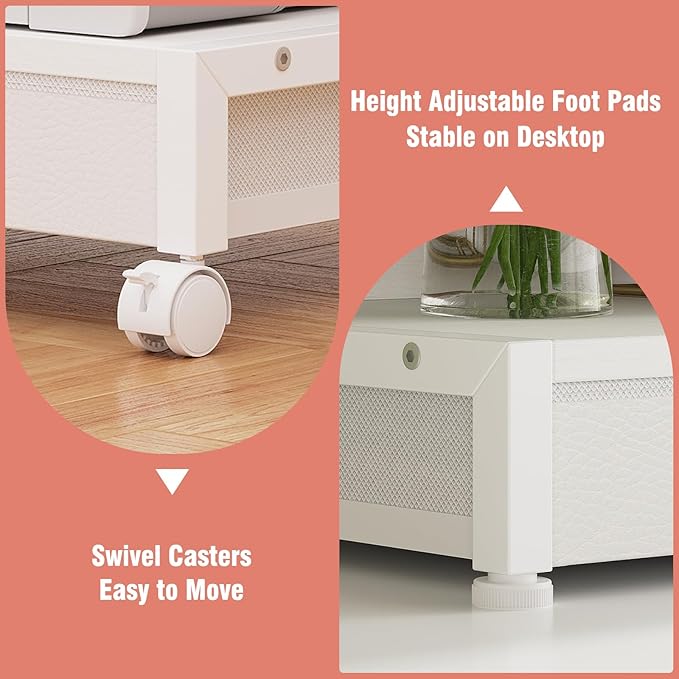 2-Tier Desktop Printer Stand with 2 Fabric Drawers, Prtiner Table with Storage Shelf, Desk Organizer for Home Office,3D Printer,Fax Machine,Scanner (White, 2 Tier)