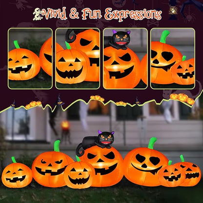 8FT Long Halloween Inflatable Decoration 7 Pumkins with Black Cat with LED Lights Blow Up Inflatable for Halloween Outdoor Indoor Garden Yard Lawn Deco