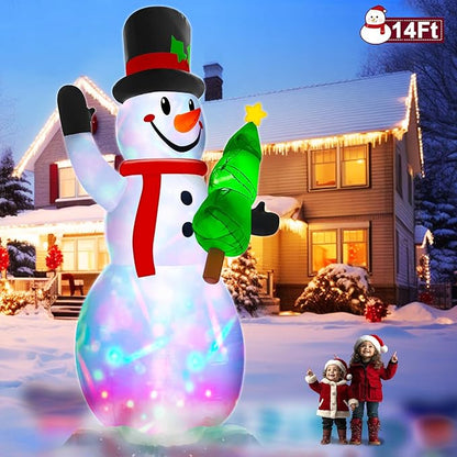 14 Ft by 7.5 Ft Large Christmas Inflatables Snowman Outdoor Decorations Build-in Rotating Colorful Light, Huge Snowman Inflatable with Christmas Tree & Hat Blow Up Yard Decor for Lawn Garden Outside