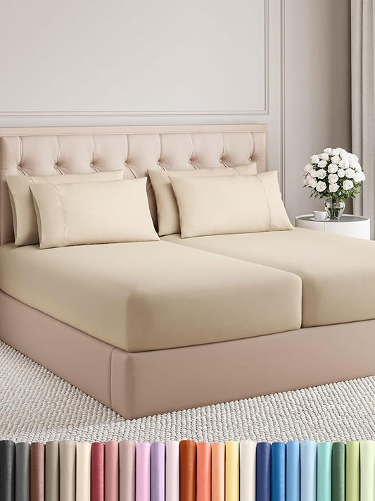 CGK Linens Split King 7 Piece Sheet Set - Cooling Sheets for Hot Sleepers - Hotel Luxury Bedding Set with 8-16 Inch Deep Pockets - 1 Flat & 2 Fitted & 4 Pillowcases - Soft & Wrinkle Free - Split King