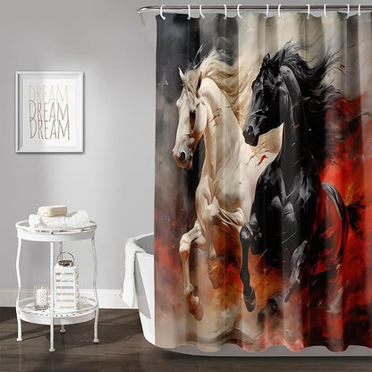 AILONEN 3D Horse Shower Curtain,Black White Galloping Horses Waterproof Fabric Shower Curtains for Bathroom,Farmhouse Animals Bath Curtain Set with Hooks, 36" W*72" H