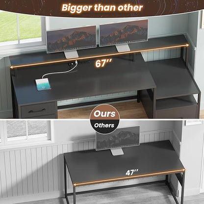 SEDETA Computer Desk with 5 Drawer, Power Outlet & Led Lights, 66'' Home Office Desk with File Drawer, Storage, Monitor Shelf, Gaming Desk, Black