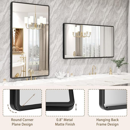 New Upgrade 55X30 Inch Wall Mounted Bathroom Mirror, Black Metal Frame Rounded Rectangle Mirror, Bathroom Vanity Mirror with Tempered Glass for Washroom Bedroom Living Room