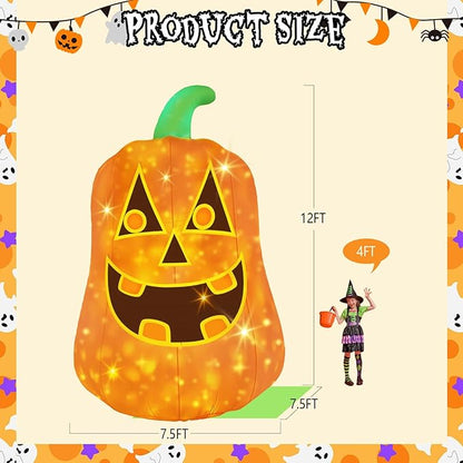 12FT Giant Halloween Inflatable Pumpkin, Blow up Halloween Decoration Built-in 6 LED and Flashing Light for Halloween Decoration Outdoor Indoor Home Party Supplies Halloween Lawn Decor