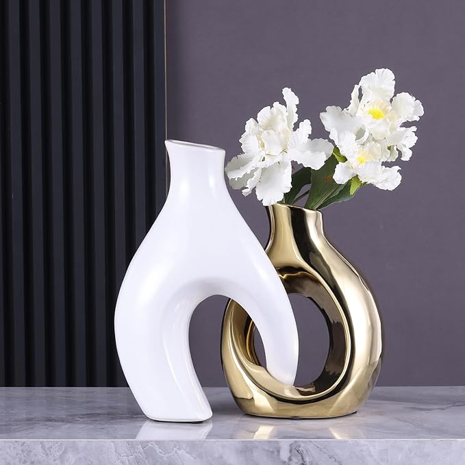 Ceramic Decorative Vases 2 Piece Set, Bohemian Style Openwork White and Gold Decorative Vases, Home Decor Aesthetics for Kitchen Cabinets, Office, Bedroom, Dresser, Entryway Table Decor.