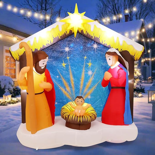 COMIN 5.9 FT Christmas Inflatables Outdoor Decorations Inflatable Nativity Scene Joy Jesus Blow Ups with Built-in LEDs for Yard Party Lawn Decor