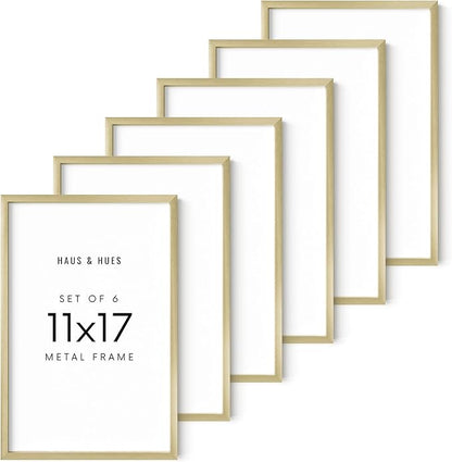 HAUS AND HUES 11x17 Gold Metal Picture Frames - Features Premium Aluminum, Vertical & Horizontal Hang, Shatterproof Plexiglass - Perfect for Home, Room, Office (11x17 in, Gold, Set of 6)