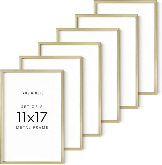 HAUS AND HUES 11x17 Gold Metal Picture Frames - Features Premium Aluminum, Vertical & Horizontal Hang, Shatterproof Plexiglass - Perfect for Home, Room, Office (11x17 in, Gold, Set of 6)