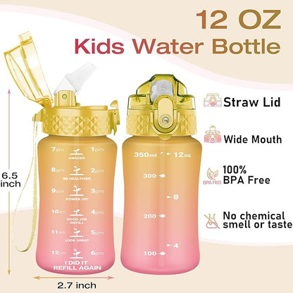 OLDLEY Kids Water Bottle for School, 12 oz (Straw Lid) BPA-Free Reusable Leak-proof Durable Tritan Plastic Water Bottles with One-handed Opening Straw Lids, Anti-dust Spout Cover (Nectarine)