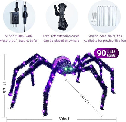 Halloween Decorations Outside Giant Spider - HOYECHI Outdoor Halloween Decor Lighted Spider 4.2FT, Light Up Spider with 90 LED Lights, Ground Stakes, for Front Yard Porch Gardens Lawns Party