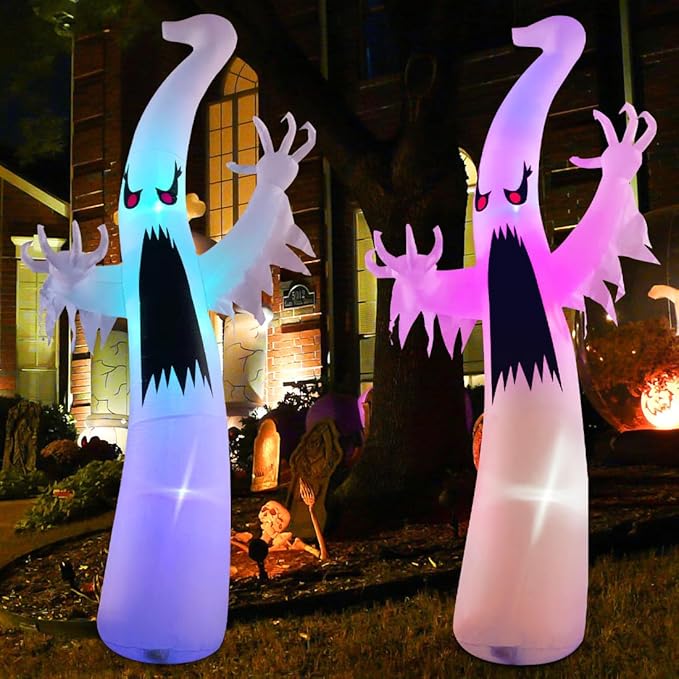 GOOSH 12 FT Halloween Inflatables Ghost Outdoor Decorations Blow Up Yard Giant Scary Red Eye Ghost with Built-in Colorful LEDs for Garden Lawn Indoor Party Decor