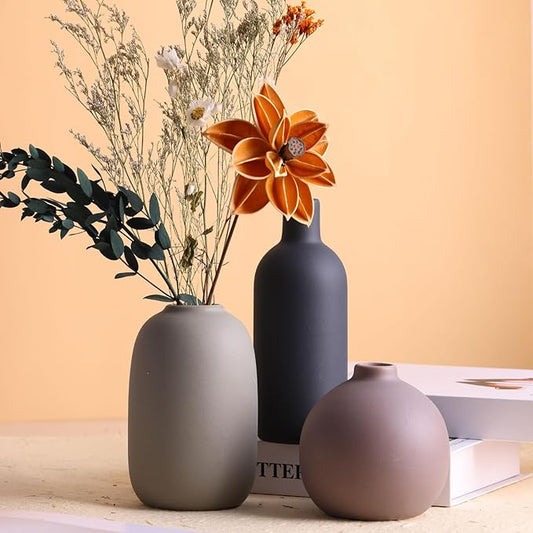 Brown Ceramic Vase Set,Small Vases Home Decor,Fall Décor Modern Farmhouse Vases for Home Decor, Organic Decor Accents for Living Room,Table,Shelf,Entryway,Pottery Vase Set of 3 (Multicolor)